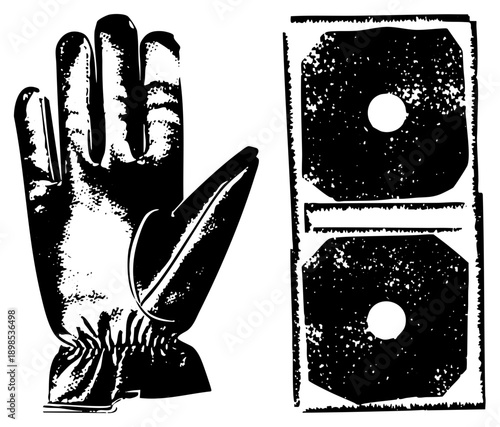 Black and white halftone vector illustration of work glove and vintage speakers, graphic art, industrial design, retro equipment, stylized silhouette.