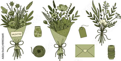 Rustic Valentine Flower Bouquet Set with Romantic Envelope and Botanical Elements