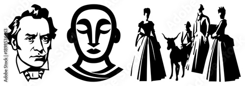 Abstracted human faces and figures in bold, graphic illustration, design, artistic profile, silhouette art, vector portrait, flat style character.