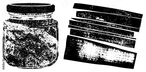 Rustic glass jar with speckled texture, wooden plank strips, distressed vector art, illustration, craft supplies, DIY decor elements.