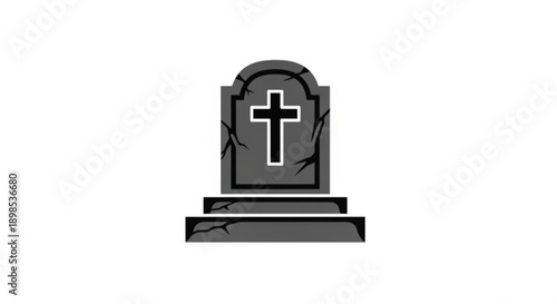 Gray tombstone with white cross on top symbolizing mourning and remembrance in a cemetery