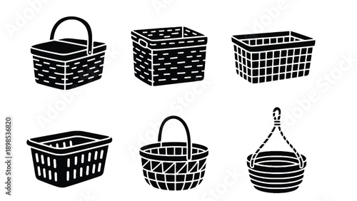 A collection of various black and white basket illustrations on a clean background