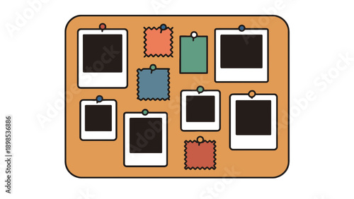 A colorful illustration of a corkboard with blank Polaroid photos and notes