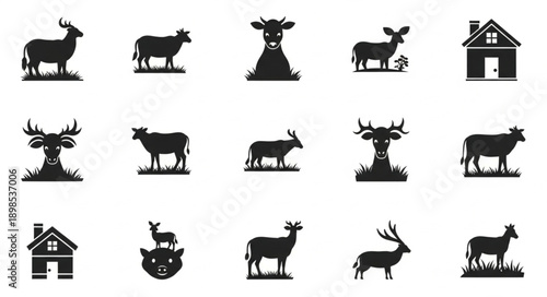 Collection of animal and house silhouettes for design.