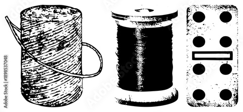 Vintage style thread spools with textured and tile with dots, hand drawn vector illustration, sewing supplies and game piece.