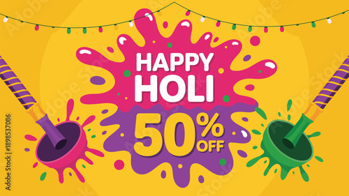 Happy holi sale banner with colorful paint splash and 50 percent discount offer, festival of colors promotional design