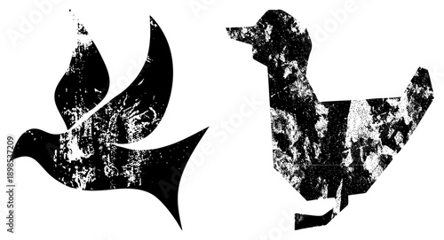Stylized bird cutouts with distressed texture, symbol of peace, duck waterfowl silhouette, halftone grain effect, vector art design.
