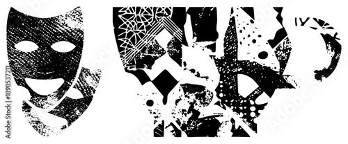 Dramatic stage masks rendered in gritty halftone, theatrical face design, performance art graphic, black and white vector, stylized comedy/tragedy symbols.