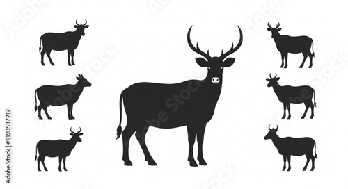 Collection of Animal Silhouettes Including Deer and Cattle.