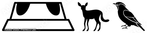 Black vector of deer, bird, and animal feeder, minimalist style, wildlife illustration, nature symbols, isolated graphic elements.