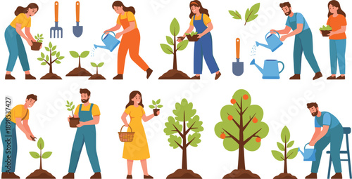 Diverse flat vector characters planting young trees and saplings in the garden for reforestation environmental conservation sustainability and organic farming hobby concepts.