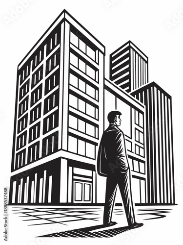 Businessman standing in front of office buildings, urban business environment, linocut style vector illustration, bold expressive lines, woodcut engraving look, high contrast black and white, flat vec