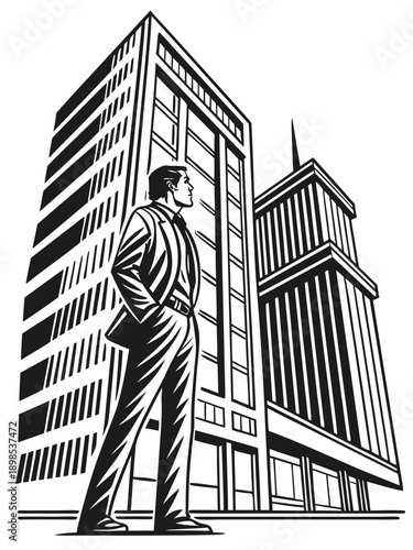 Businessman standing in front of office buildings, urban business environment, linocut style vector illustration, bold expressive lines, woodcut engraving look, high contrast black and white, flat vec