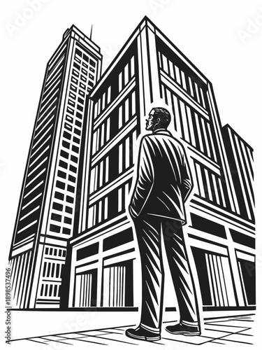 Businessman standing in front of office buildings, urban business environment, linocut style vector illustration, bold expressive lines, woodcut engraving look, high contrast black and white, flat vec