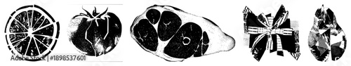Black and white halftone illustrations of sliced citrus, tomato, meat cut, gift bow, and pear. Vector graphic with isolated shapes, flat style, and dot textures.