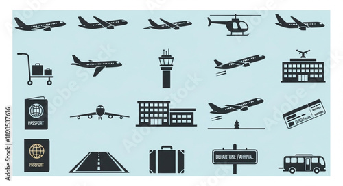 Collection of airport and travel icons in silhouette style.