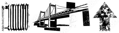 Stylized radiator, suspension bridge, and upward arrow, all rendered in bold black vector art with halftone texture, isolated foreground elements.