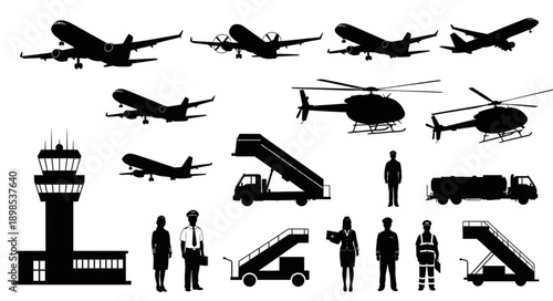 Collection of airport vehicles and aircraft silhouettes.