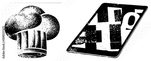 Retro halftone chef hat and bold "AF" emblem, graphic design elements, vector art, stylized typography, culinary branding assets.