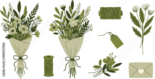 Rustic Valentine Floral Bouquet Illustrations with Envelopes and Greenery Elements