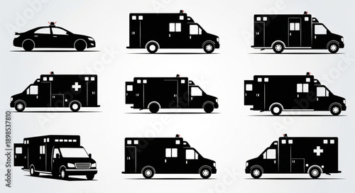 Collection of Ambulance and Police Car Silhouettes.