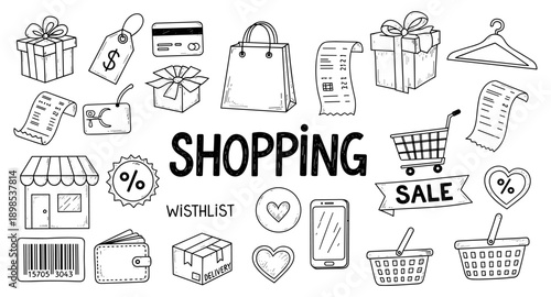 Collection of hand-drawn shopping icons and elements for retail and e-commerce