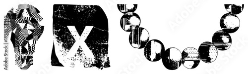 Fragmented shapes with halftone textures, stylized letter X, circular bead chain, graphic design elements, vector art, modern abstract composition.