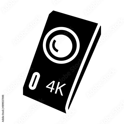 Black solid 4K action camera icon, symbolizing high-resolution video recording, vlogging, and modern digital filming technology.