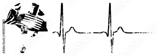 Retro aircraft soaring above EKG waveform, aviation, heartbeat monitor, medical aviation symbol, stylized flight path, distressed vector art.