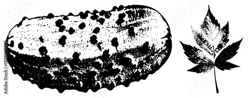 Black and white halftone pickle with speckled texture, maple leaf silhouette, retro graphic style, isolated vector art, food and nature.