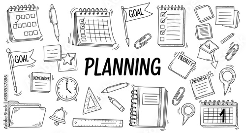 Doodle illustration of planning tools and concepts like calendars, checklists, and goals