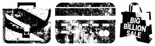 Distressed black and white vector briefcase, credit card, sale bag. Urban, gritty, symbols with texture. Business, finance, shopping, e commerce, retail, transaction, promotion.