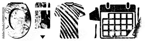 Distressed black and white vector toilet lid, mobile phone, striped t shirt, calendar with torn edge. Urban, gritty, vintage aesthetic. Perfect for UI or graphic design.
