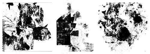 Fragmented black forms against white void, halftone texture, graphic abstraction, vector art, digital glitch, stylized composition, isolated elements.