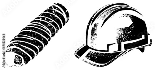 Black and white vector of a threaded screw and hard hat, stylized with gritty texture, construction safety gear, mechanical fastener, industrial tools, worker protection.