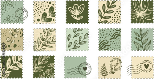 Set of Vintage Botanical Postage Stamps with Green Floral Patterns and Heart Postmarks for Valentine's Day Stationery