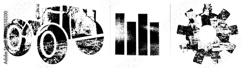 Stylized tractor, bar graph, and gear rendered in gritty halftone texture, vector graphic, isolated elements, industrial symbols, design.