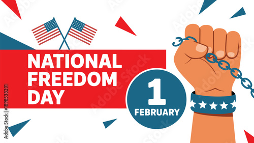 National freedom day banner design with raised fist illustration, usa flags, patriotic colors and february 1 celebration concept