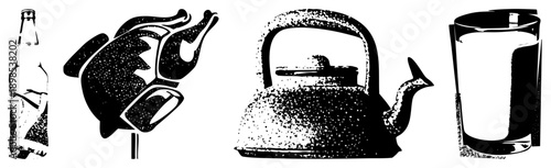 Classic halftone graphic depicting beer bottle, roasted chicken, kettle, and water glass, stylized with dot, retro kitchen, food and drink symbols.