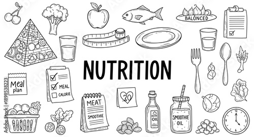 Healthy eating and nutrition concepts illustrated with hand-drawn icons and text