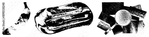 Black and white halftone vector graphics of banana, squash, and magnifying glass over abstract shapes, isolated elements, stylized textures, graphic design assets.