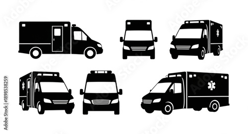 Collection of Ambulance Silhouettes from Different Angles.