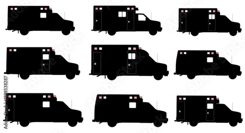 Collection of ambulance silhouettes in various side profile views.