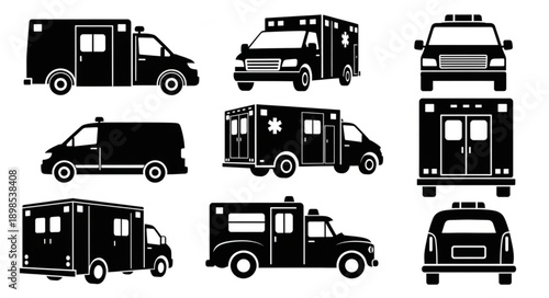 Collection of Ambulance Silhouettes in Various Views.