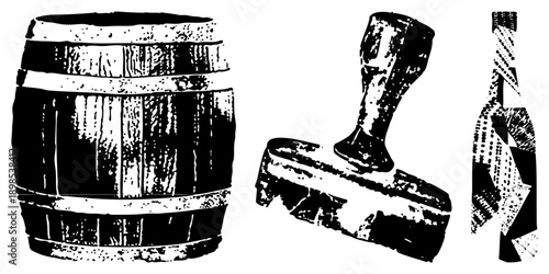 Classic wooden barrel with staves, beer mug with handle, glass bottle with label, halftone print style, rustic beverage containers, vintage graphic design.