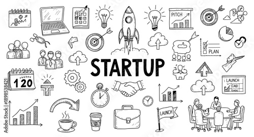 Doodle collage of startup business concepts including rocket launch, teamwork, and planning