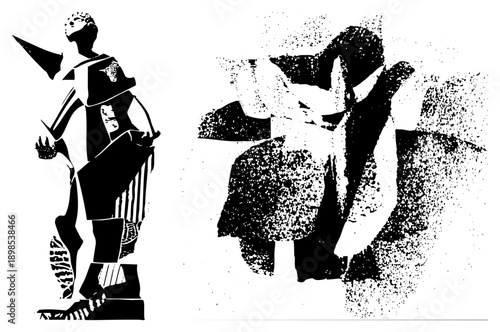 Stylized mythological statues rendered in bold black shapes with halftone texture, graphic art, vector illustration, classical figures, fragmented forms, symbolic representation.