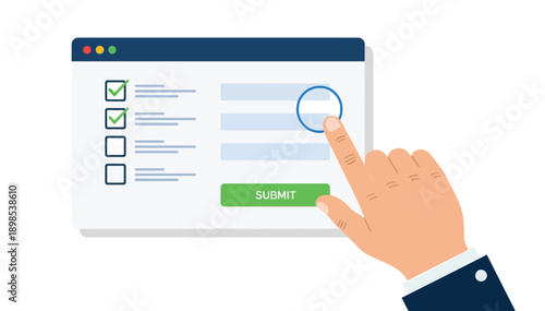 Person completing online form with hand clicking submit button on digital screen with checklist and text fields