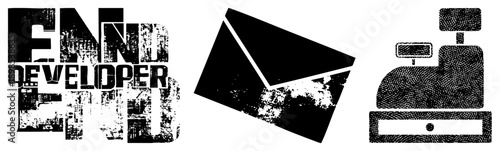 Distressed typography reading "END DEVELOPER" alongside envelope and cash register, gritty texture, digital glitch art, vector graphic,, tech industry symbol.