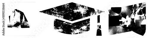 Distressed black and white vector of academic cap and formal suit, halftone glitch effect, isolated educational symbols, graphic design elements.